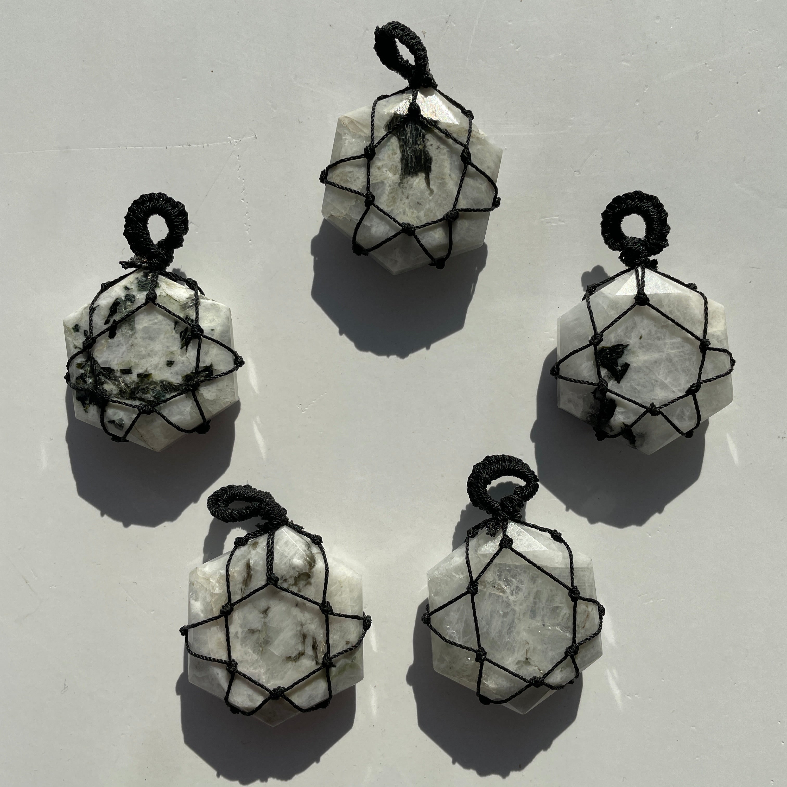 Rainbow Moonstone - Macrame Wrapped Hexagonal Pendant Rainbow Moonstone - Macrame Wrapped Hexagonal Pendant